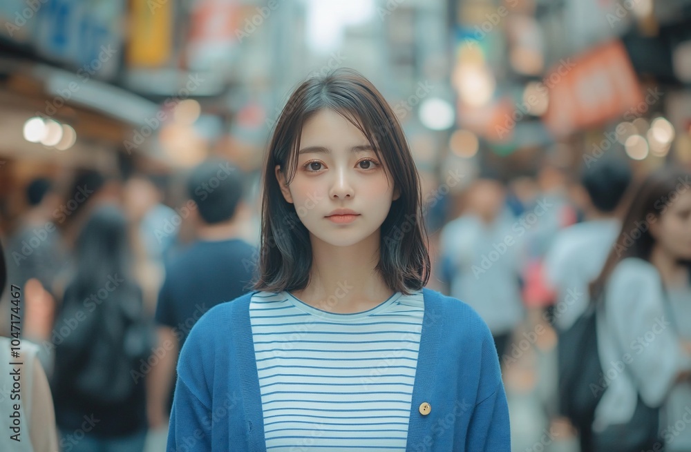 A young woman stands in a busy street, surrounded by a crowd. A young woman stands in a busy street, surrounded by a crowd.