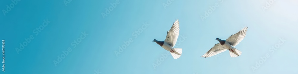 Two white doves soaring against a clear blue sky Two white doves soaring against a clear blue sky