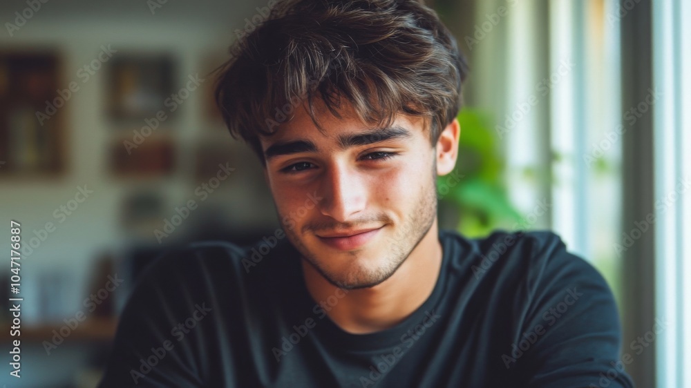 Close-up portrait of a young man with dark hair and a subtle smile Close-up portrait of a young man with dark hair and a subtle smile
