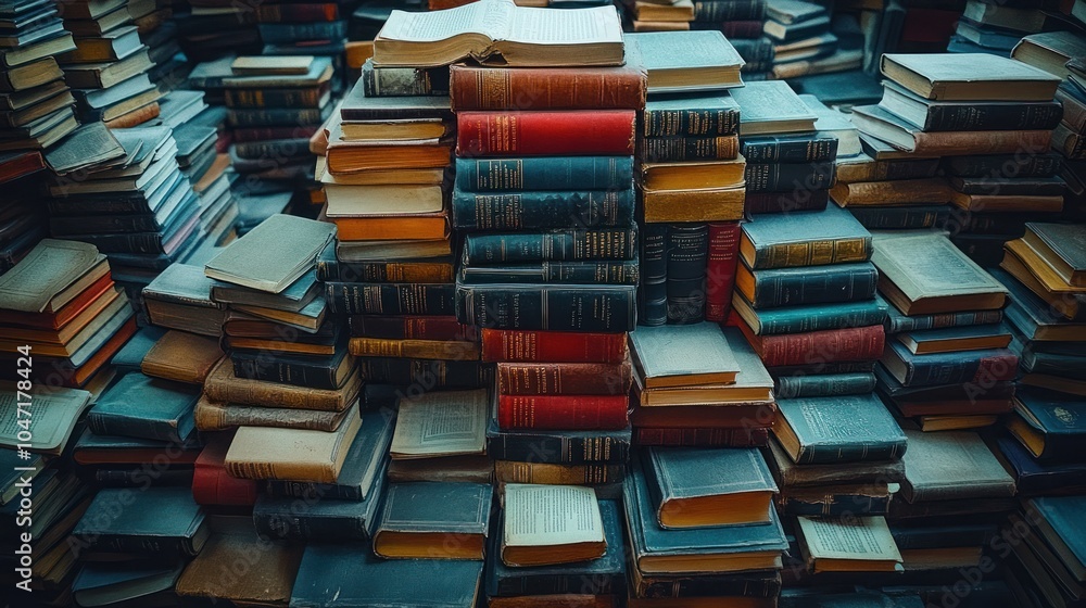 A large stack of assorted books piled haphazardly, showcasing a variety of colors and sizes. A large stack of assorted books piled haphazardly, showcasing a variety of colors and sizes.