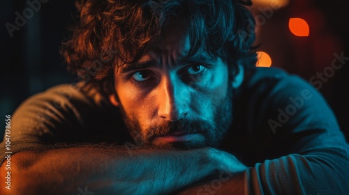 Close-up Portrait of a Man with Curly Hair and a Beard Lit by Blue and Orange Lights