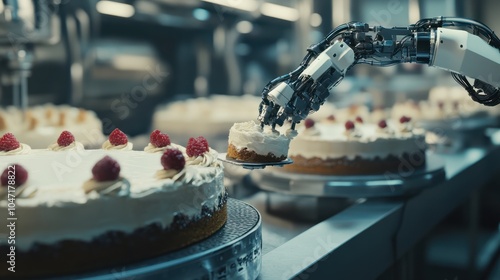 Close-up of a robotic arm decorating cakes with icing in a high-efficiency dairy prodction plant, showcasing technological advancements, space for text photo