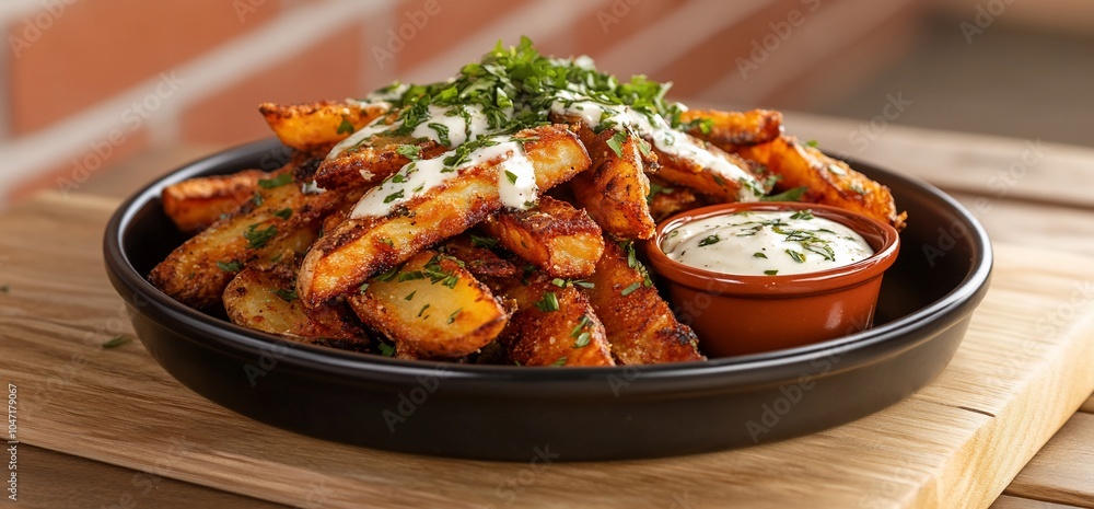 A plate of crispy potato wedges topped with herbs and served with dip. A plate of crispy potato wedges topped with herbs and served with dip.