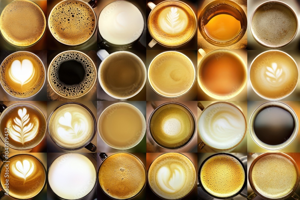 Assortment of delicious coffee drinks with various latte art designs Assortment of delicious coffee drinks with various latte art designs