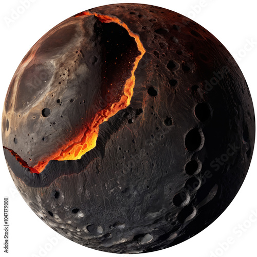 Dark volcanic moon with rough cracked open surface, large craters and flowing lava rivers, isolated on transparent background