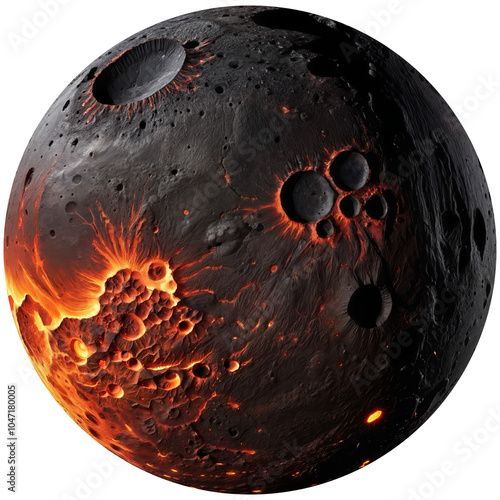 Dark volcanic moon with rough surface, large craters and flowing lava rivers, isolated on transparent background