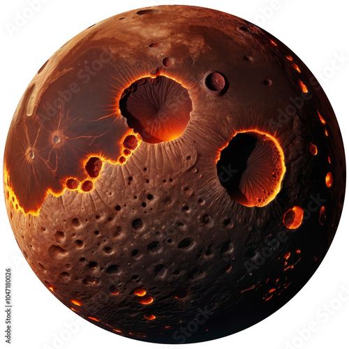 Dark volcanic moon with rough surface, large craters and flowing lava rivers, isolated on transparent background