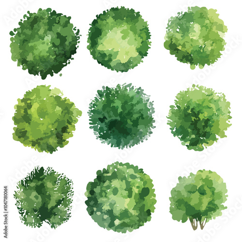 Abstract Watercolor Green Tree Top View Set