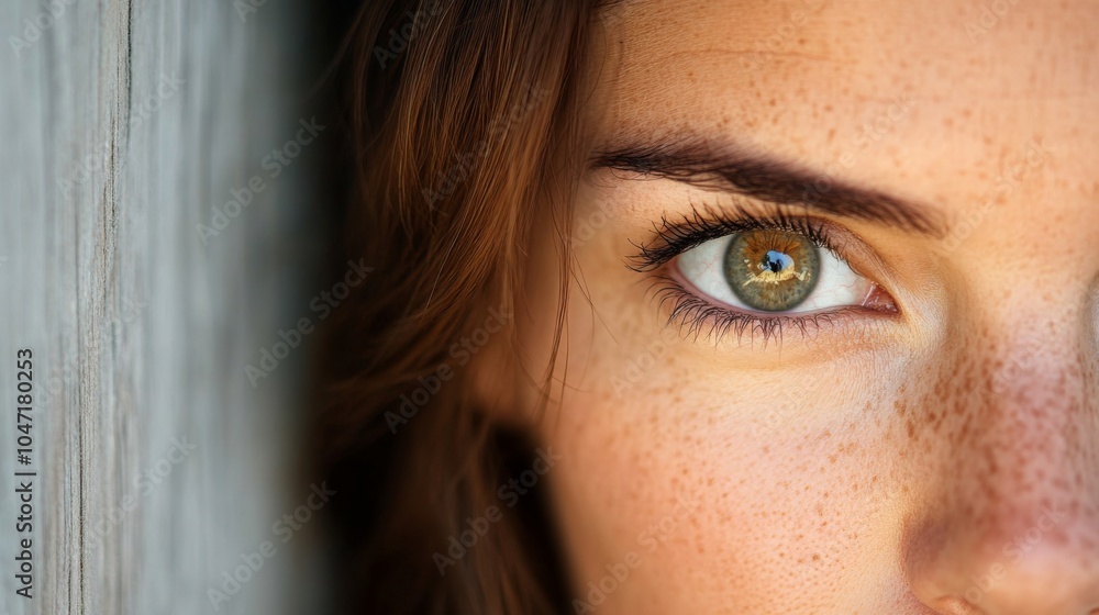 Fototapeta premium Close-up of a woman's green eye with freckles