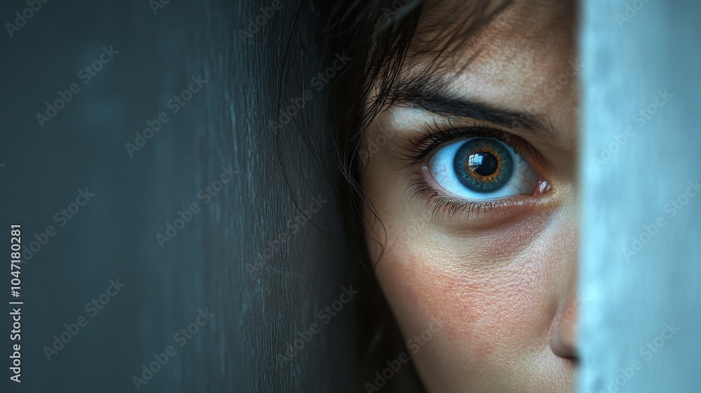 Close-up of a woman's blue eye peering from behind a curtain Close-up of a woman's blue eye peering from behind a curtain