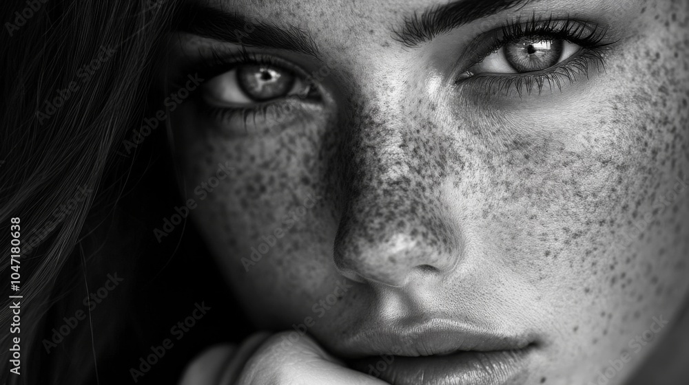 Naklejka premium Close-up Black and White Portrait of a Woman with Freckles