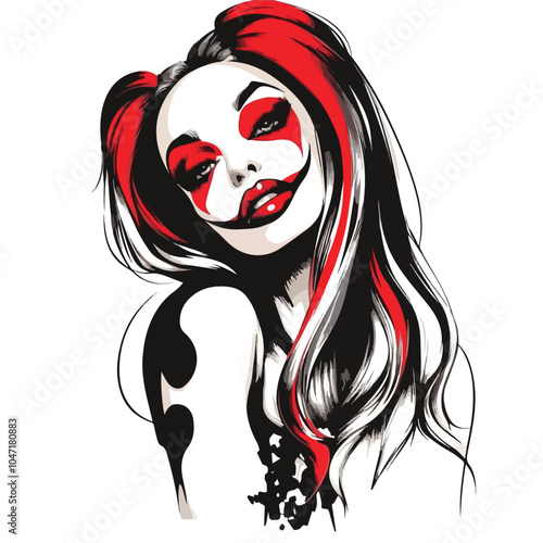 Seductive Joker Girl in Red and Black Colors Vector Illustration