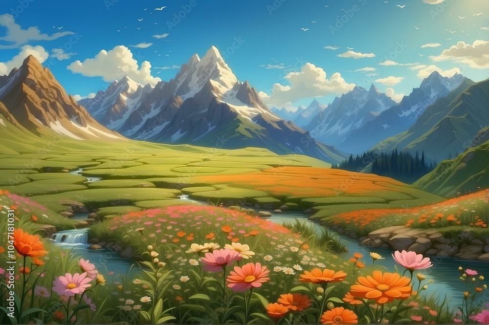 Vibrant Alpine Meadow with Colorful Wildflowers and Tranquil Stream Under Clear Blue Sky Vibrant Alpine Meadow with Colorful Wildflowers and Tranquil Stream Under Clear Blue Sky