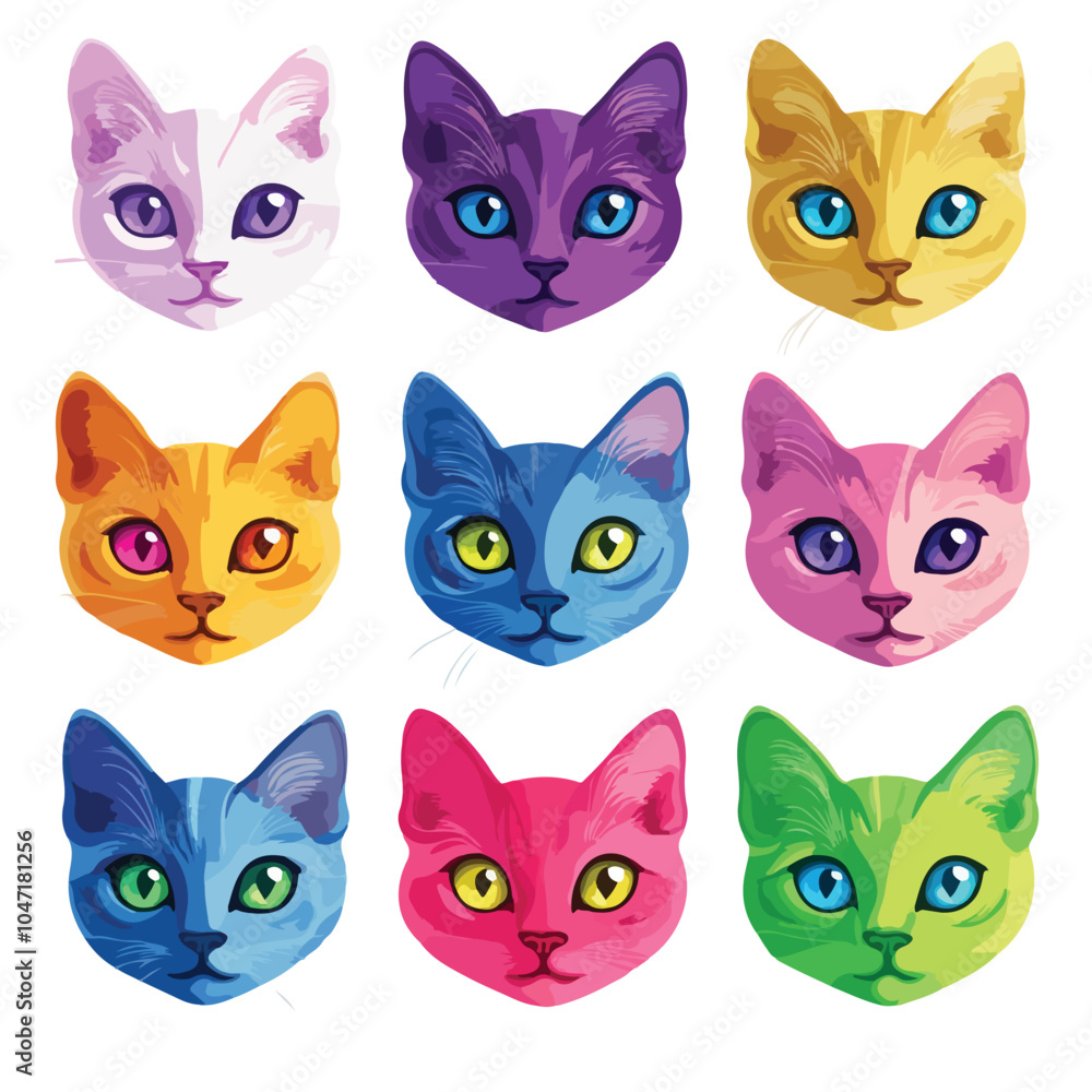 Vibrant Seamless Pattern of Colorful Cat Heads with Bright Eyes Vibrant Seamless Pattern of Colorful Cat Heads with Bright Eyes
