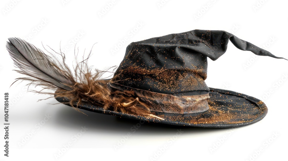 Isolated witch hat with feathers on white background Isolated witch hat with feathers on white background