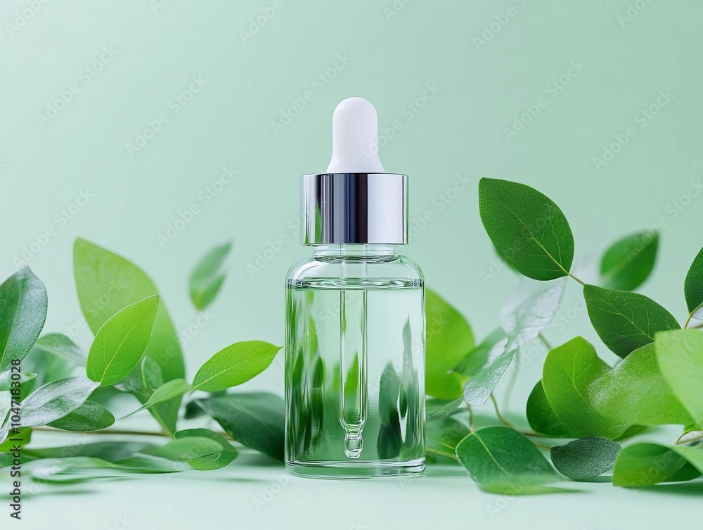 Clear dropper bottle filled with botanical essence, surrounded by realistic green leaves, natural skincare concept Clear dropper bottle filled with botanical essence, surrounded by realistic green leaves, natural skincare concept