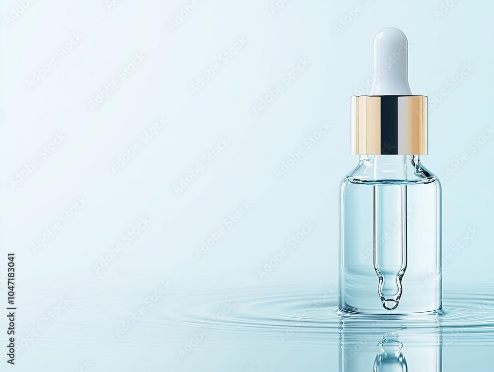 Clear dropper bottle with light refractions, hovering over a smooth water surface, representing purity and hydration Clear dropper bottle with light refractions, hovering over a smooth water surface, representing purity and hydration