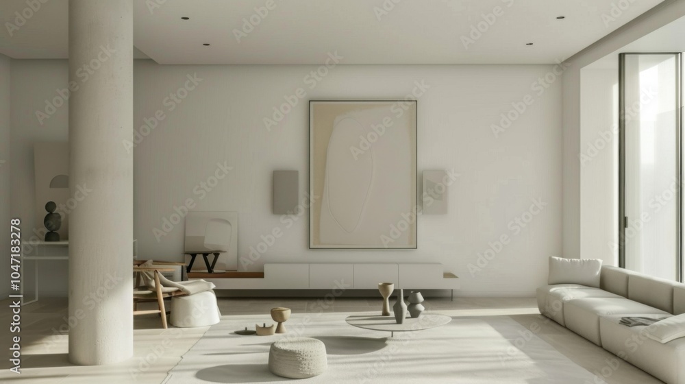 A modernist art gallery living room design boasting a white canvas backdrop, Complemented by minimalist furniture arrangements, Modernist art gallery minimalist style A modernist art gallery living room design boasting a white canvas backdrop, Complemented by minimalist furniture arrangements, Modernist art gallery minimalist style