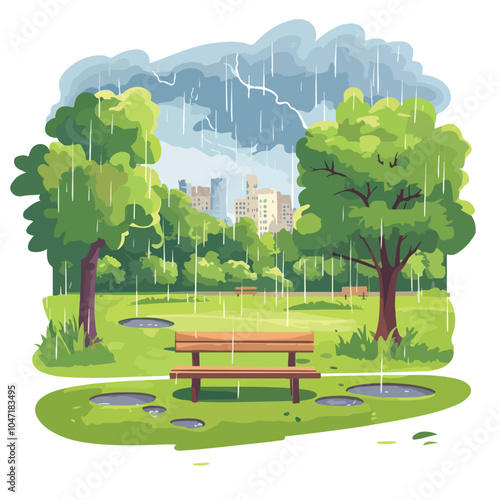 Dramatic Storm with Rain and Lightning in Urban Park at Night