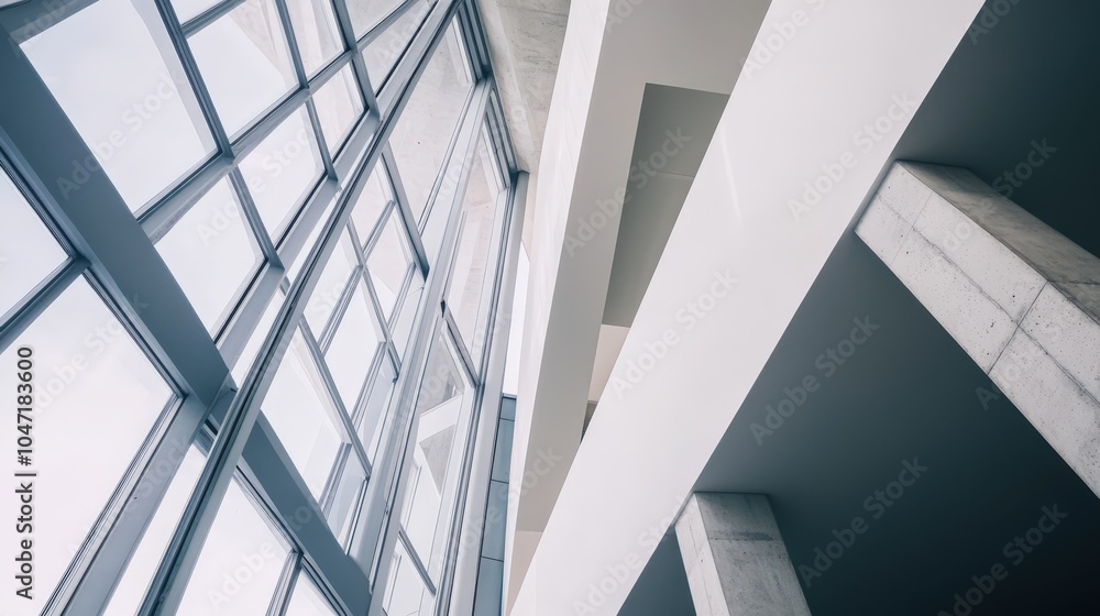 Obraz premium Striking architectural design with geometric glass panels and concrete walls