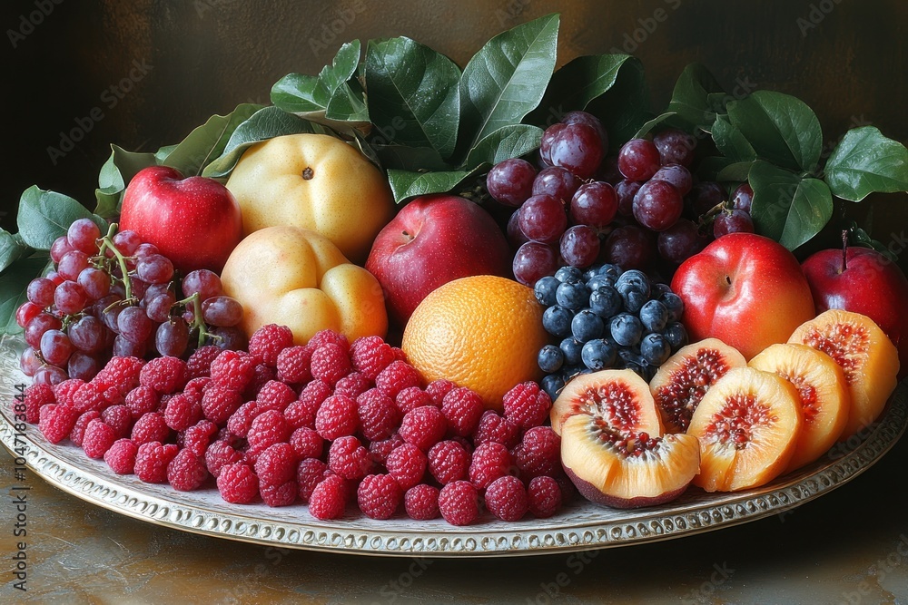 A vibrant assortment of fresh fruits arranged on a decorative platter. A vibrant assortment of fresh fruits arranged on a decorative platter.
