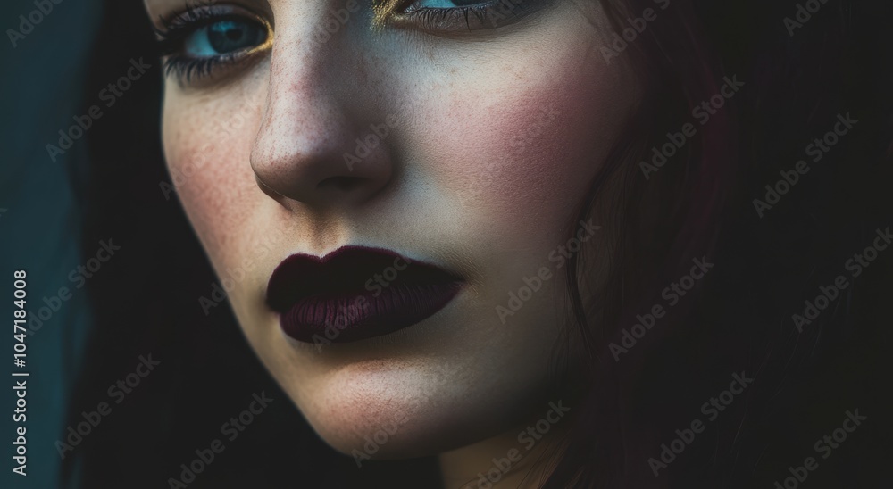 Fototapeta premium Close-up portrait of a woman with dramatic makeup and dark lips