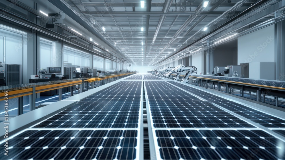 Naklejka premium Large Production Line with Industrial Robot Arms at Modern Bright Factory. Solar Panels are being Assembled on Conveyor. Automated Manufacturing Facility