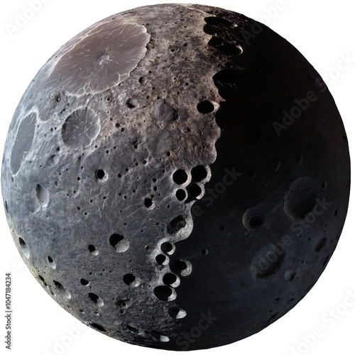 Dark gray moon with rough surface and large craters, isolated on transparent background