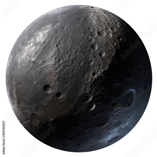Dark gray moon with rough surface and large craters, isolated on transparent background