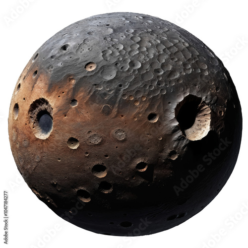 Dark brown moon with rough surface and large craters, isolated on transparent background