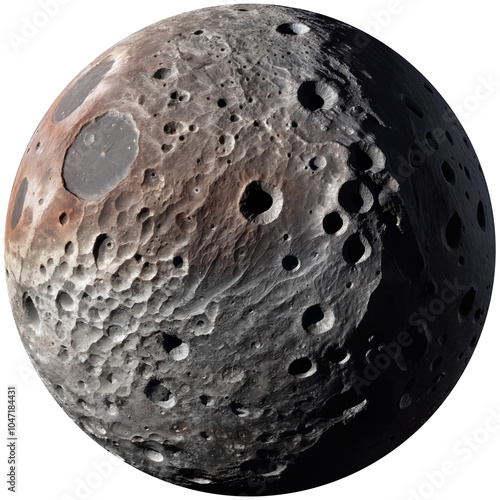 Moon with rough surface and large craters, isolated on transparent background