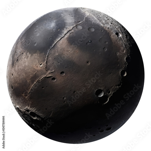 Dark gray moon with rough surface, craters and canyons, isolated on transparent background