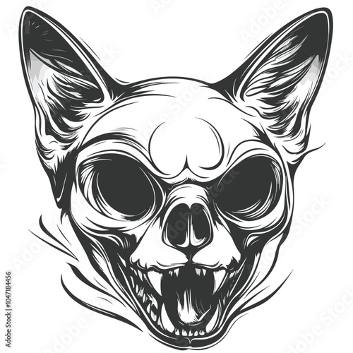 Eerie Monochrome Monster Cat Skull Vector Illustration