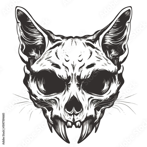 Eerie Monochrome Monster Cat Skull Vector Illustration