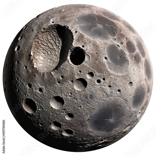 Moon with rough surface and large deep craters, isolated on transparent background