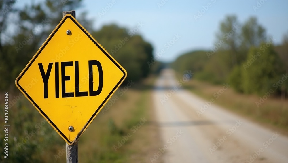 Caution sign YIELD at gravel road highway junction Caution sign YIELD at gravel road highway junction