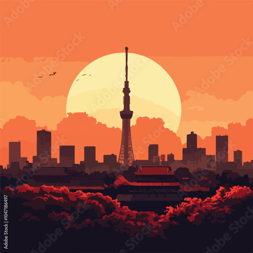 Tokyo City Skyline at Sunset - Urban Landscape Poster Design