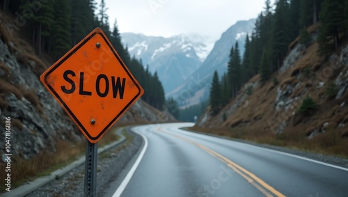 Caution sign SLOW on mountain road with cliffs forest