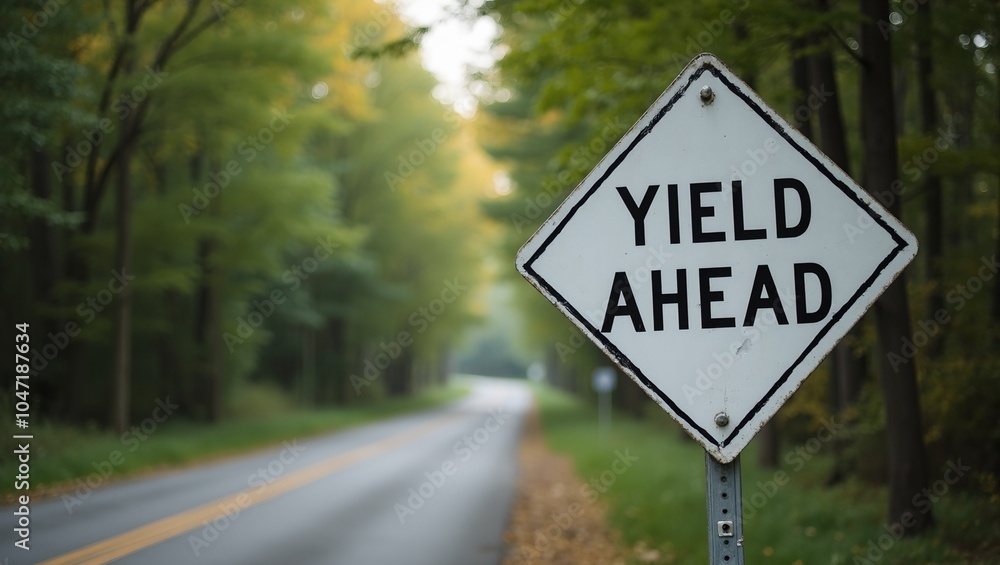 Yield Ahead sign on rural road leading to town Yield Ahead sign on rural road leading to town