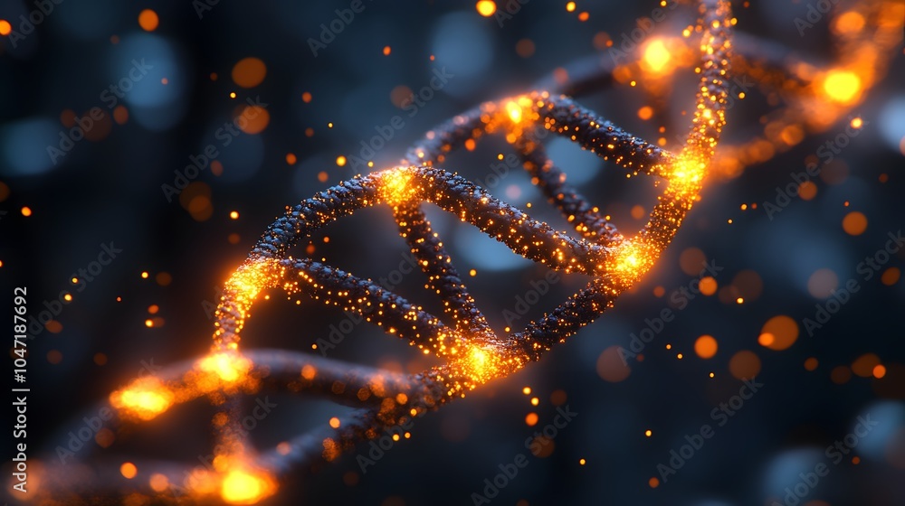 Glowing DNA Helix with Particles Against Dark Background Glowing DNA Helix with Particles Against Dark Background