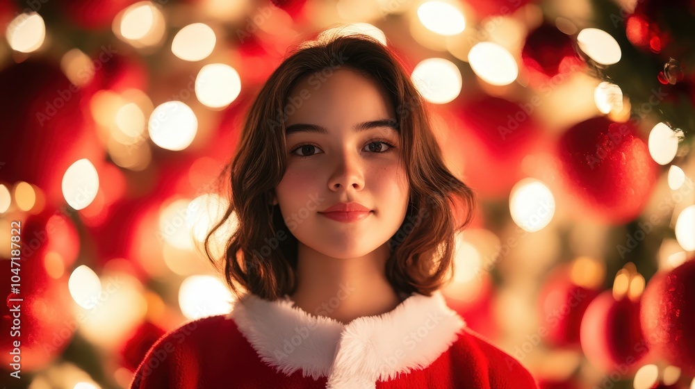 Smiling woman in red coat against festive lights Smiling woman in red coat against festive lights