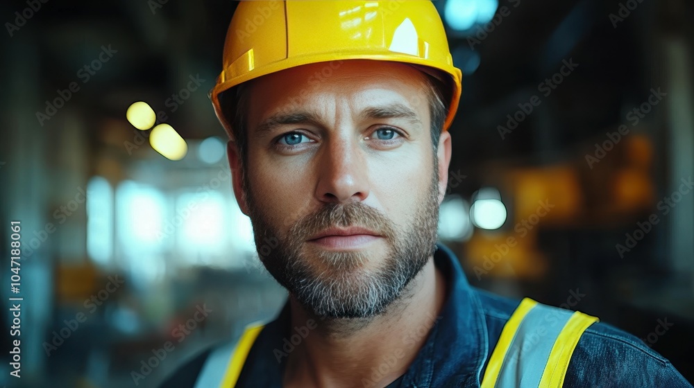 A construction worker dressed in a safety vest and bright helmet looks directly at the camera with determination, surrounded by a busy construction site atmosphere A construction worker dressed in a safety vest and bright helmet looks directly at the camera with determination, surrounded by a busy construction site atmosphere