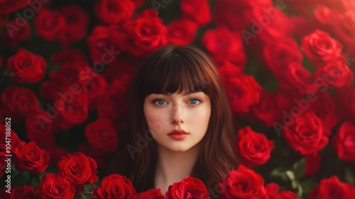 portrait of a young woman surrounded by red roses