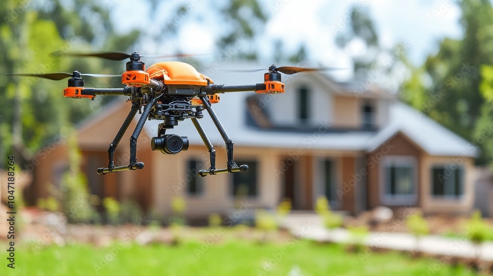 A drone hovers near a contemporary house with a well-maintained yard under bright sunshine. The scene captures the harmony of technology and the beauty of suburban living A drone hovers near a contemporary house with a well-maintained yard under bright sunshine. The scene captures the harmony of technology and the beauty of suburban living