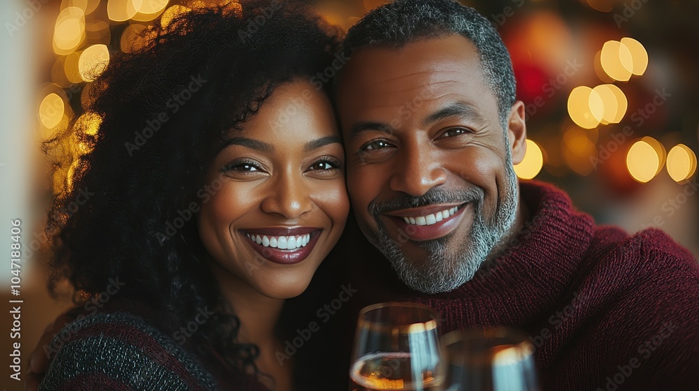 A joyful couple enjoys a moment together, smiling and holding wine glasses, surrounded by holiday decorations and twinkling lights, embodying festive cheer A joyful couple enjoys a moment together, smiling and holding wine glasses, surrounded by holiday decorations and twinkling lights, embodying festive cheer