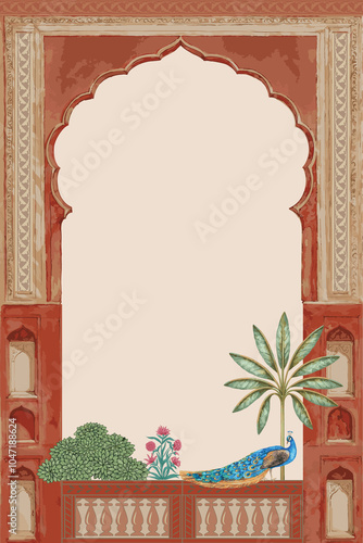 Traditional Mughal decorative arch gate, mat red color, peacock, flower garden illustration photo