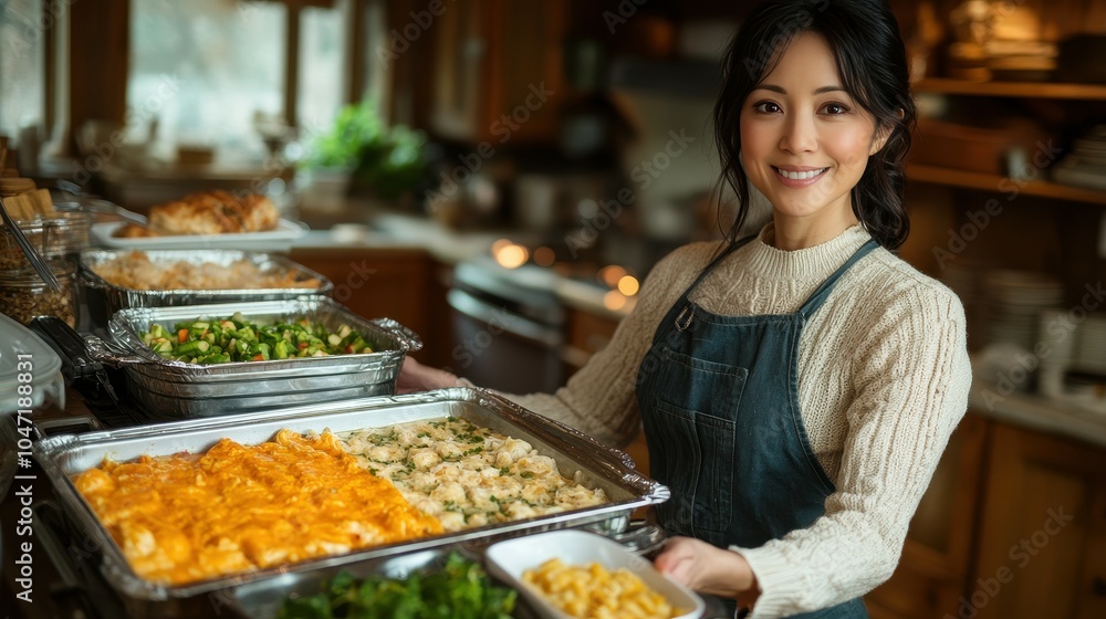 A woman smiles while serving a selection of delicious home-cooked dishes, including casseroles and fresh vegetables, in a warm and inviting kitchen A woman smiles while serving a selection of delicious home-cooked dishes, including casseroles and fresh vegetables, in a warm and inviting kitchen