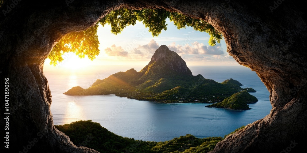 © BOJOShop - Sunset View from Cave Overlooking Tropical Island Bay © BOJOShop - Sunset View from Cave Overlooking Tropical Island Bay