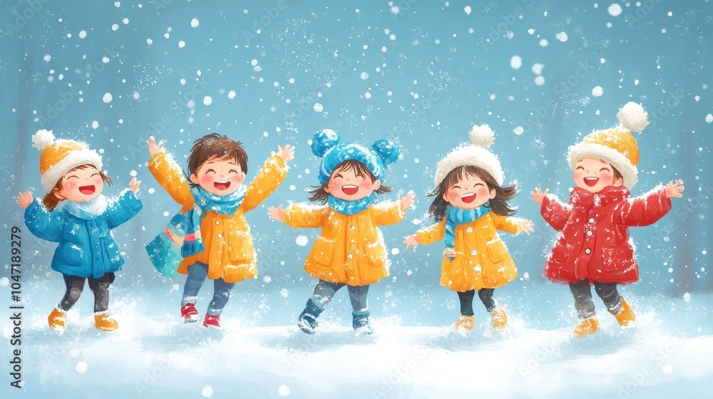 Fototapeta premium Joyful Children Playing in Snowy Winter Wonderland with Colorful Winter Clothing and Falling Snowflakes