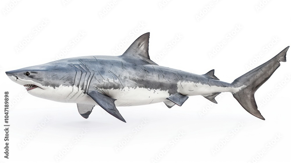 A Great White Shark with its Mouth Open, Swimming in a White Background A Great White Shark with its Mouth Open, Swimming in a White Background